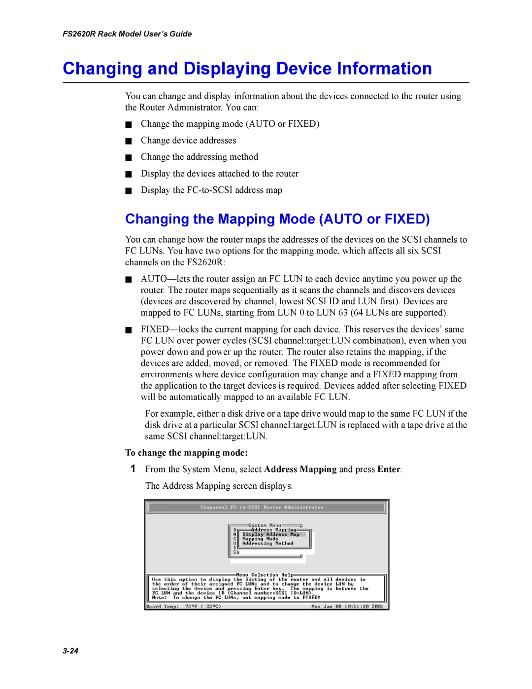 Chaparral FS2620R manual Changing and Displaying Device Information, Changing the Mapping Mode Auto or Fixed 