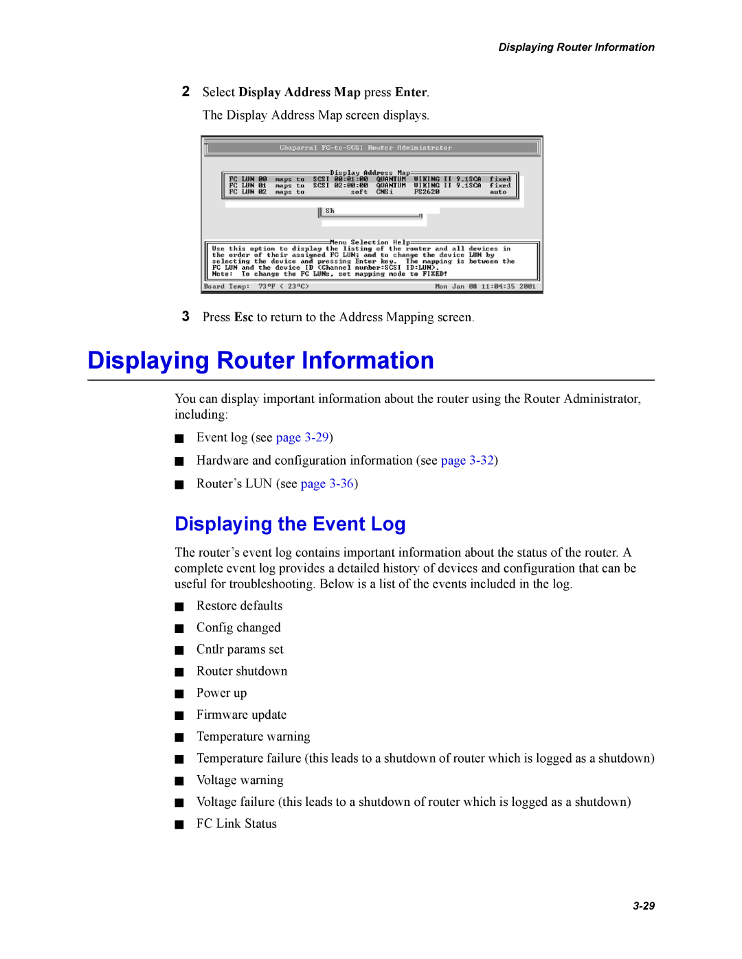 Chaparral FS2620R manual Displaying Router Information, Displaying the Event Log 