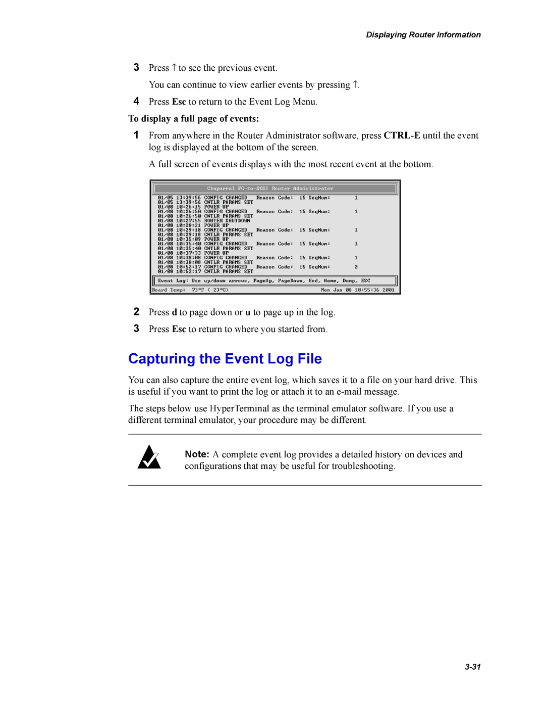 Chaparral FS2620R manual Capturing the Event Log File, To display a full page of events 