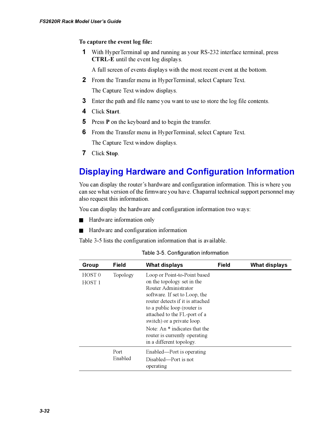 Chaparral FS2620R manual Displaying Hardware and Configuration Information, To capture the event log file 