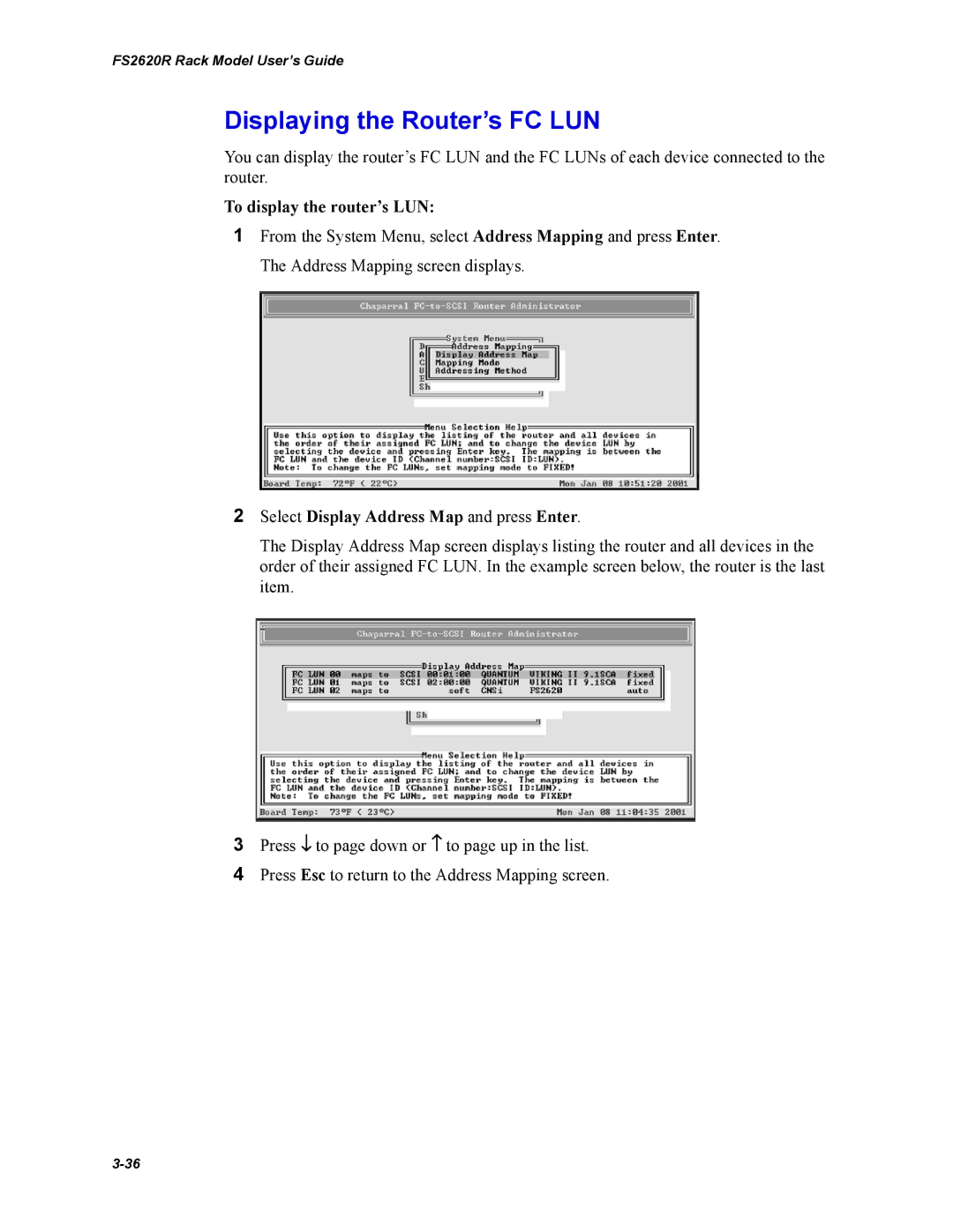 Chaparral FS2620R Displaying the Router’s FC LUN, To display the router’s LUN, Select Display Address Map and press Enter 