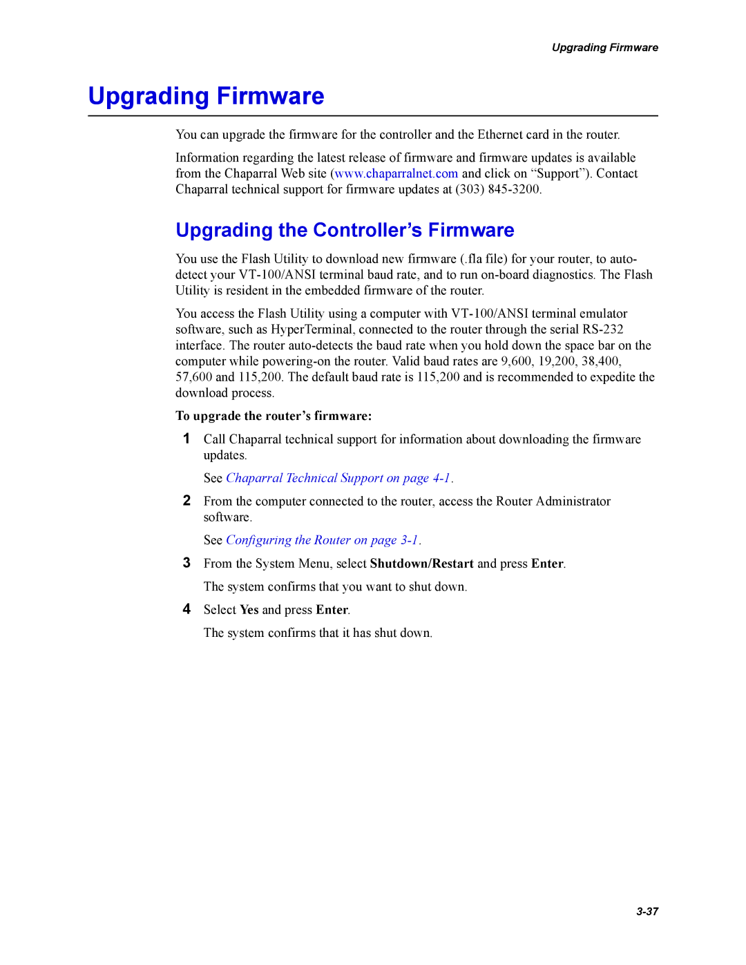 Chaparral FS2620R manual Upgrading Firmware, Upgrading the Controller’s Firmware, To upgrade the router’s firmware 