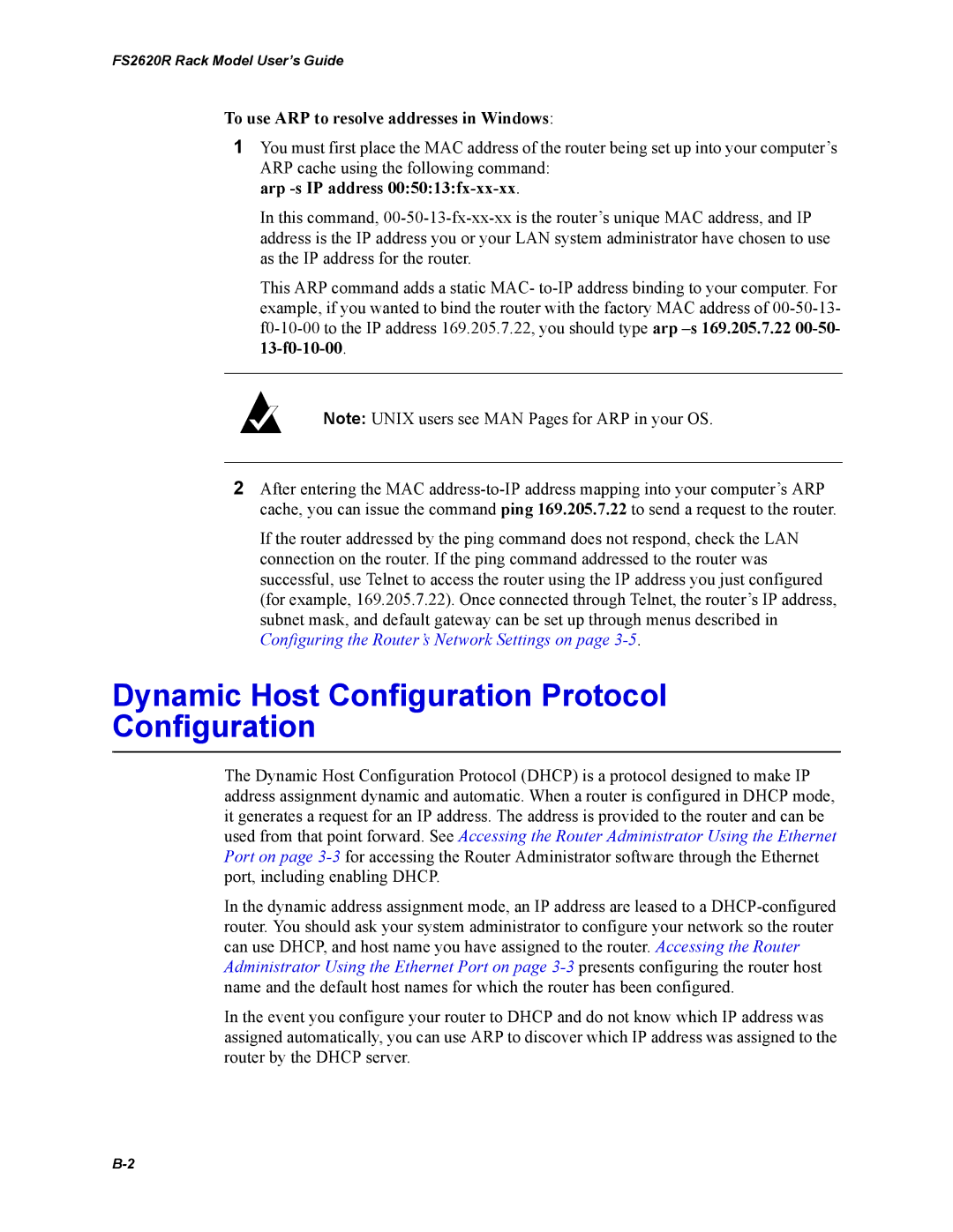 Chaparral FS2620R manual Dynamic Host Configuration Protocol Configuration, To use ARP to resolve addresses in Windows 