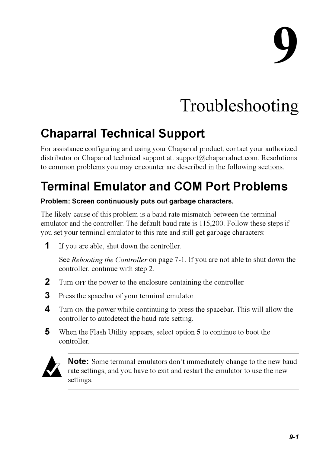 Chaparral G5312/G7313, K5312/K7313 Troubleshooting, Chaparral Technical Support, Terminal Emulator and COM Port Problems 