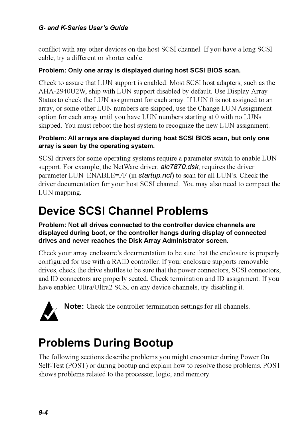 Chaparral K5312/K7313, G5312/G7313 manual Device Scsi Channel Problems, Problems During Bootup 