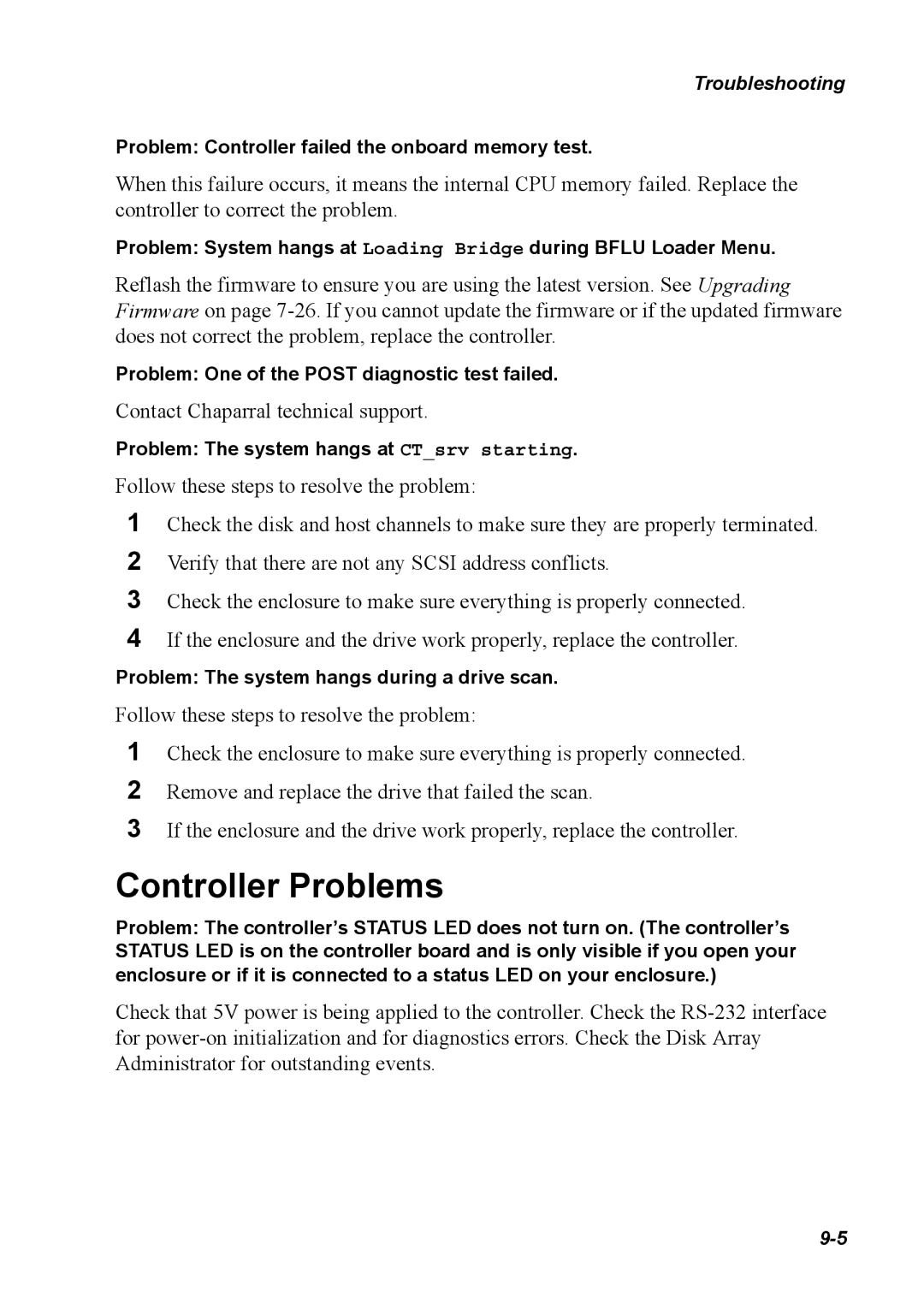 Chaparral G5312/G7313, K5312/K7313 manual Controller Problems, Problem Controller failed the onboard memory test 