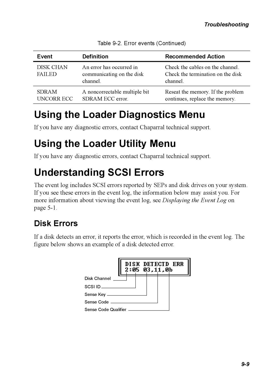 Chaparral G5312/G7313 manual Using the Loader Diagnostics Menu, Using the Loader Utility Menu, Understanding Scsi Errors 