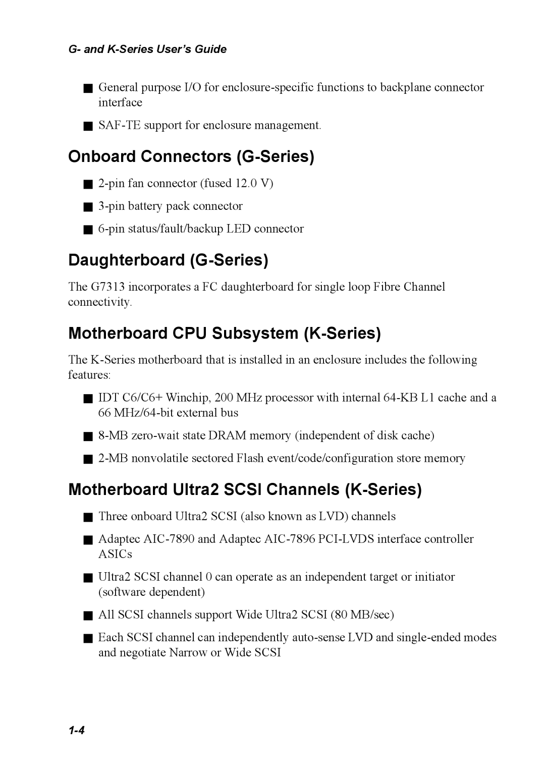 Chaparral K5312/K7313, G5312/G7313 Onboard Connectors G-Series, Daughterboard G-Series, Motherboard CPU Subsystem K-Series 