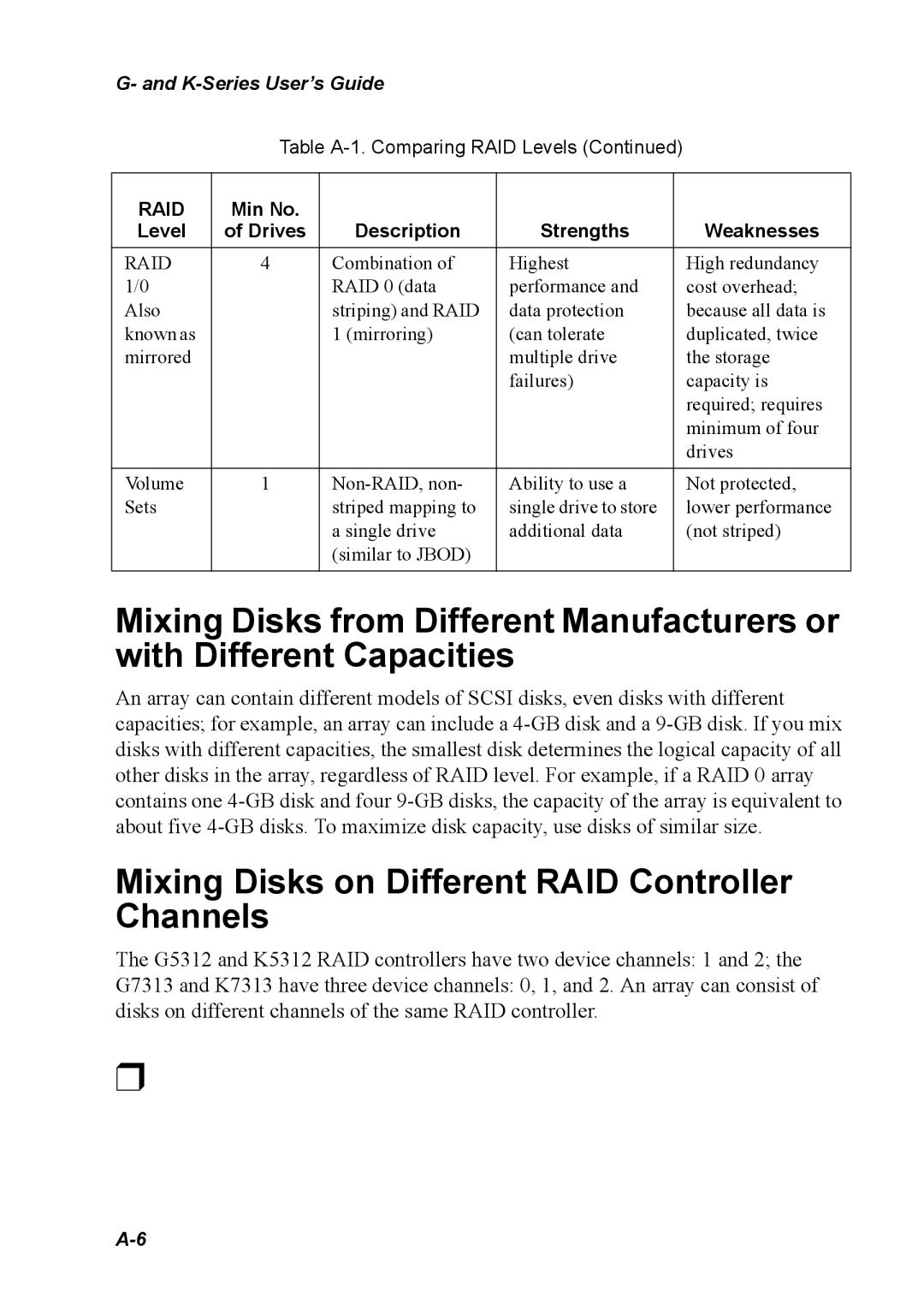 Chaparral K5312/K7313, G5312/G7313 manual Mixing Disks on Different RAID Controller Channels 