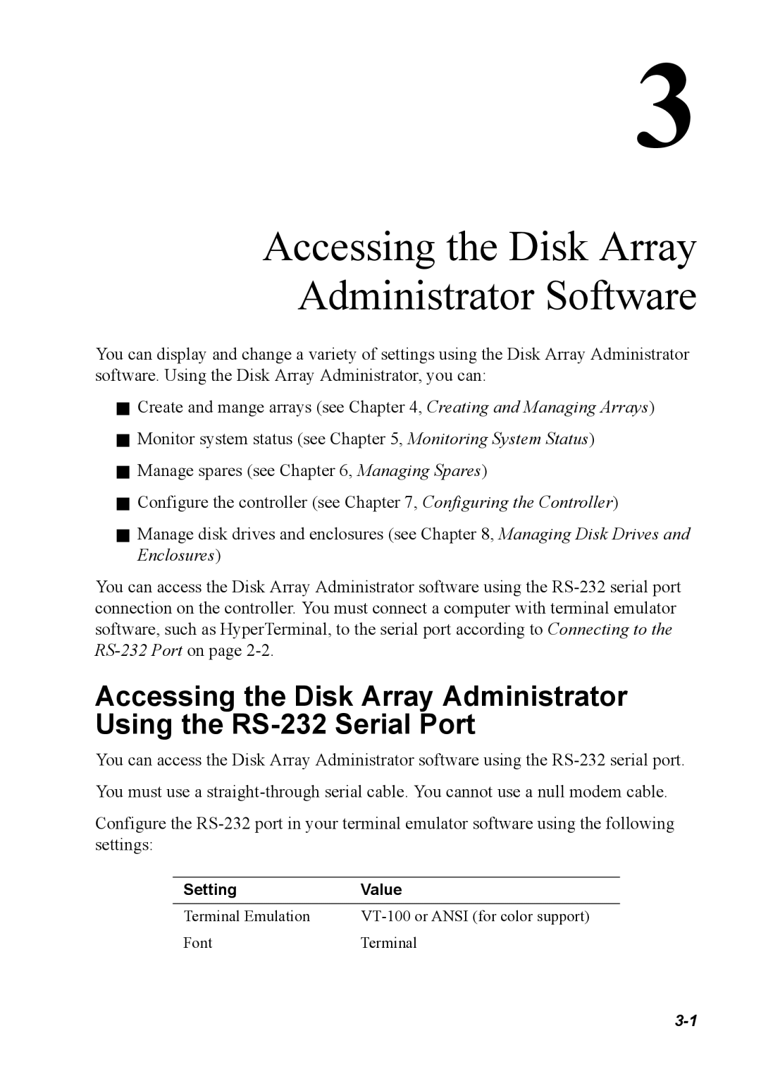 Chaparral G5312/G7313, K5312/K7313 manual Accessing the Disk Array Administrator Software, Setting Value 