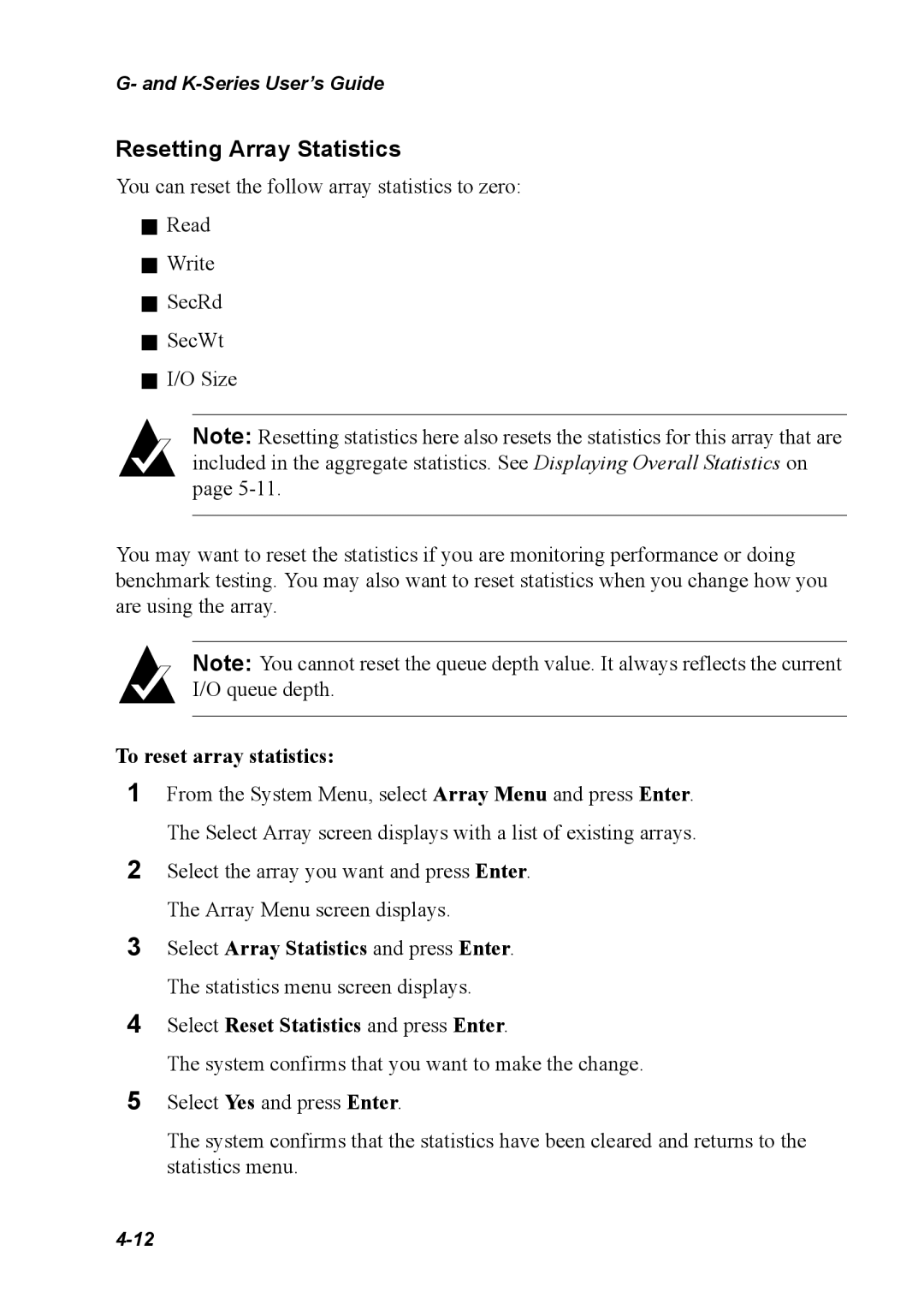 Chaparral K5312/K7313, G5312/G7313 manual Resetting Array Statistics, To reset array statistics 