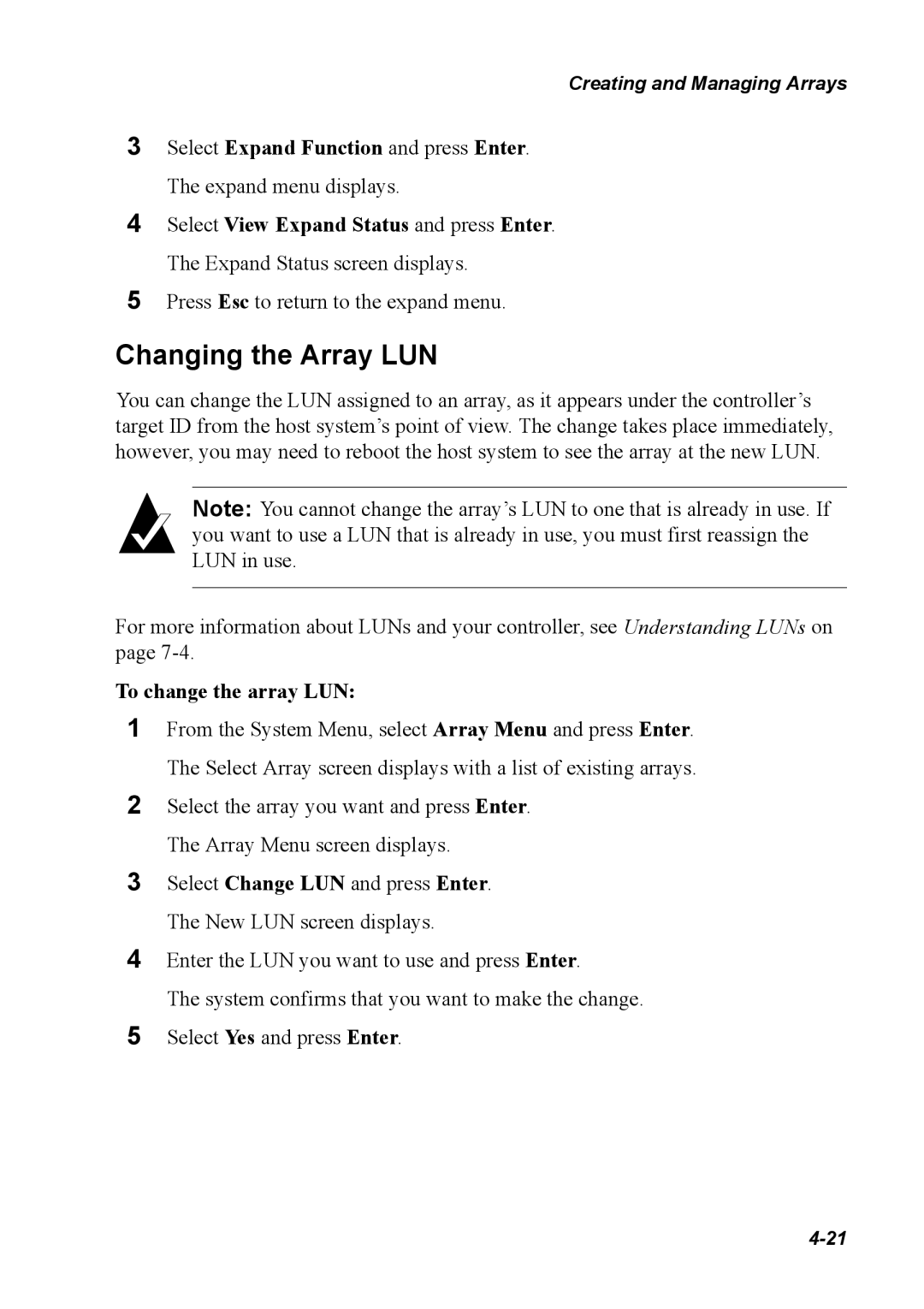 Chaparral G5312/G7313, K5312/K7313 manual Changing the Array LUN, To change the array LUN 