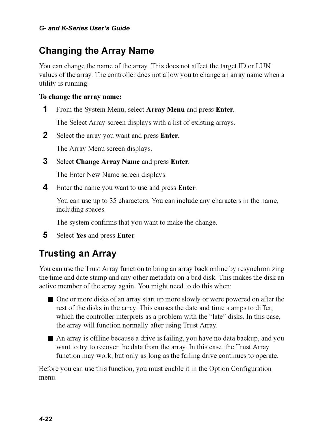 Chaparral K5312/K7313, G5312/G7313 manual Changing the Array Name, Trusting an Array, To change the array name 