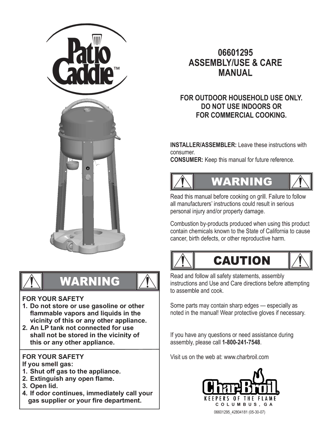 Char-Broil 06601295 manual ASSEMBLY/USE & Care Manual 