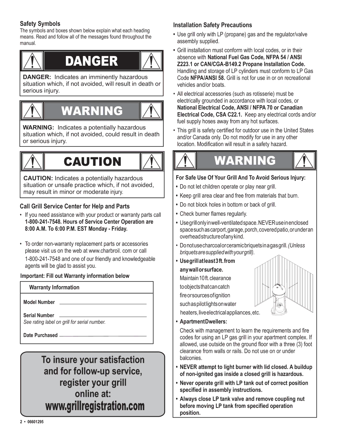 Char-Broil 06601295 manual Safety Symbols, Call Grill Service Center for Help and Parts, Installation Safety Precautions 