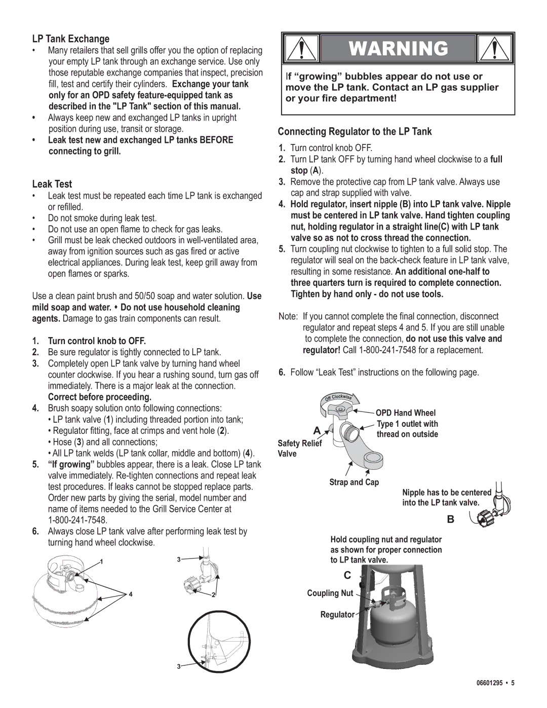 Char-Broil 06601295 manual LP Tank Exchange, Leak Test, Connecting Regulator to the LP Tank, Turn control knob to OFF 