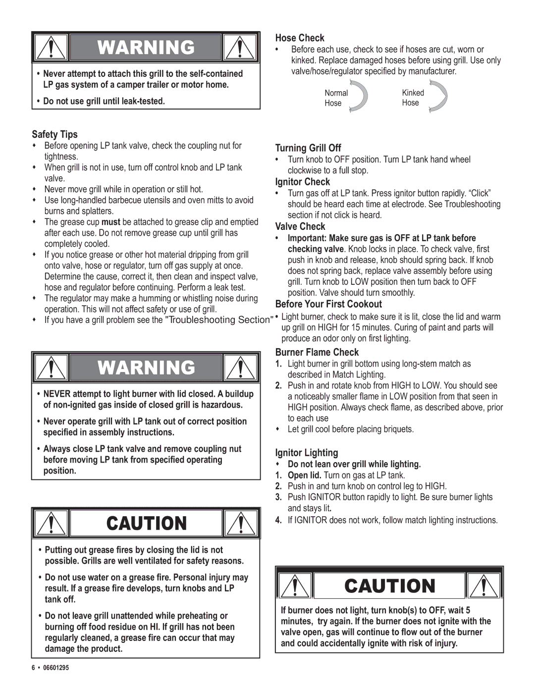 Char-Broil 06601295 Hose Check, Safety Tips, Turning Grill Off, Ignitor Check, Valve Check, Before Your First Cookout 