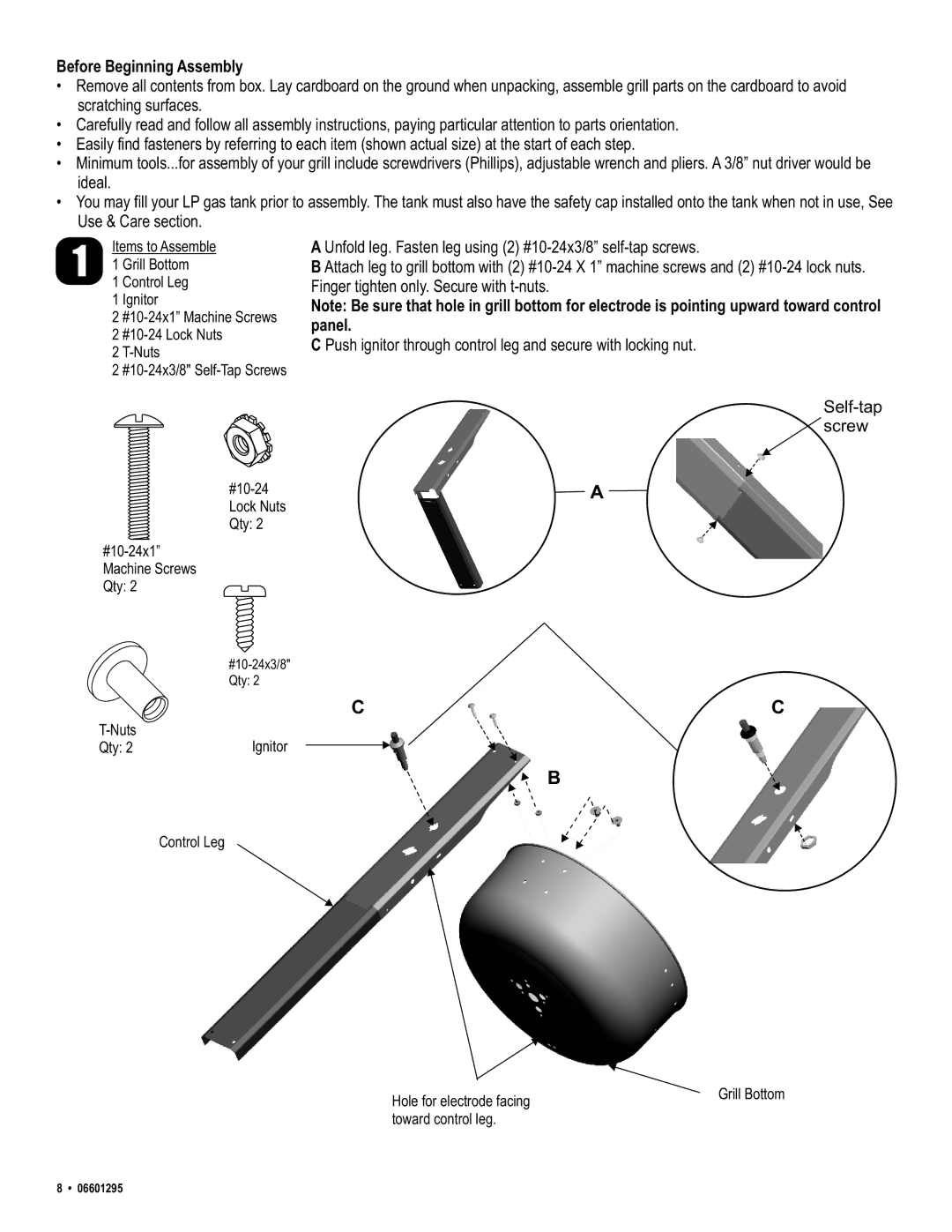 Char-Broil 06601295 manual Before Beginning Assembly, Panel 