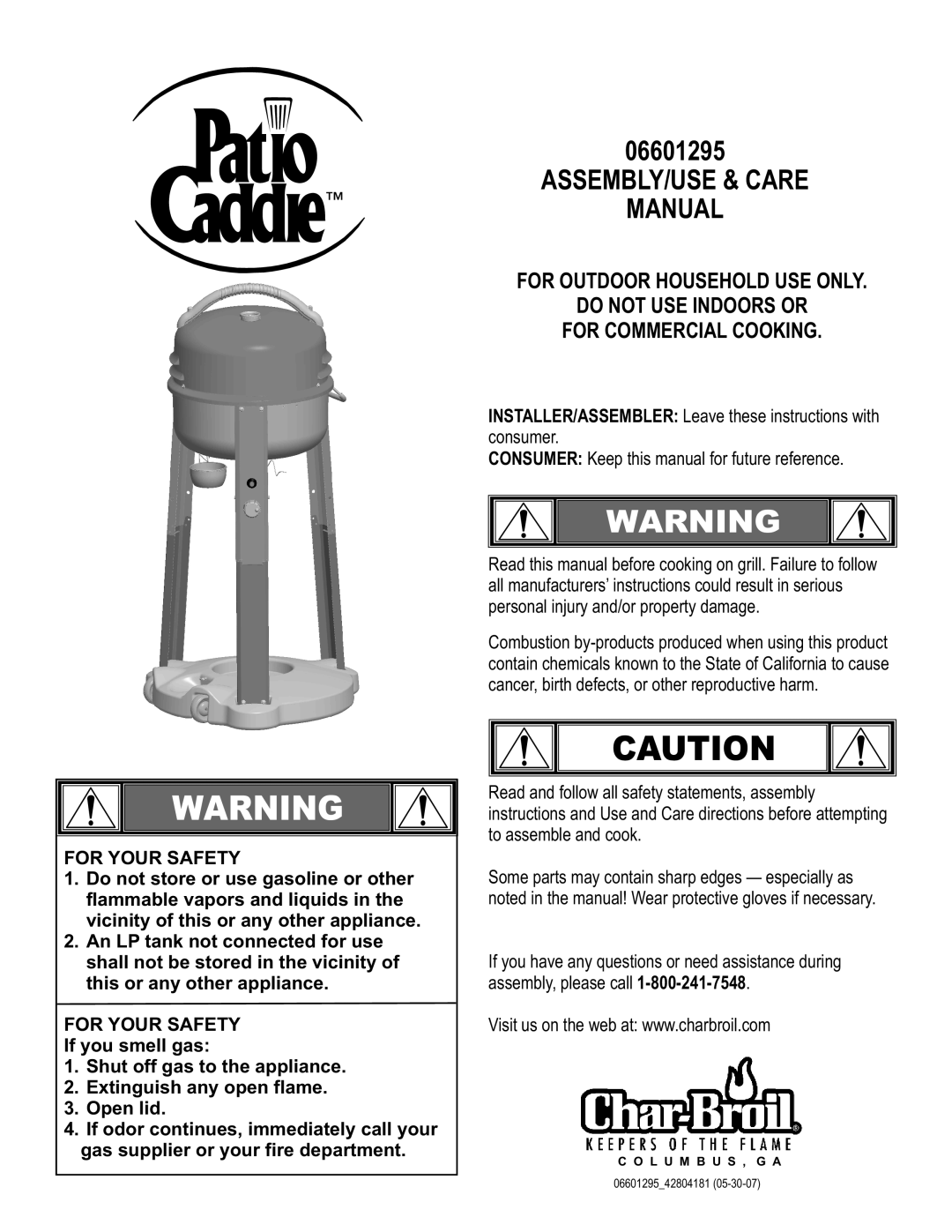 Char-Broil 06601295 manual Assembly/Use & Care Manual, For Outdoor Household Use Only Do Not Use Indoors Or 