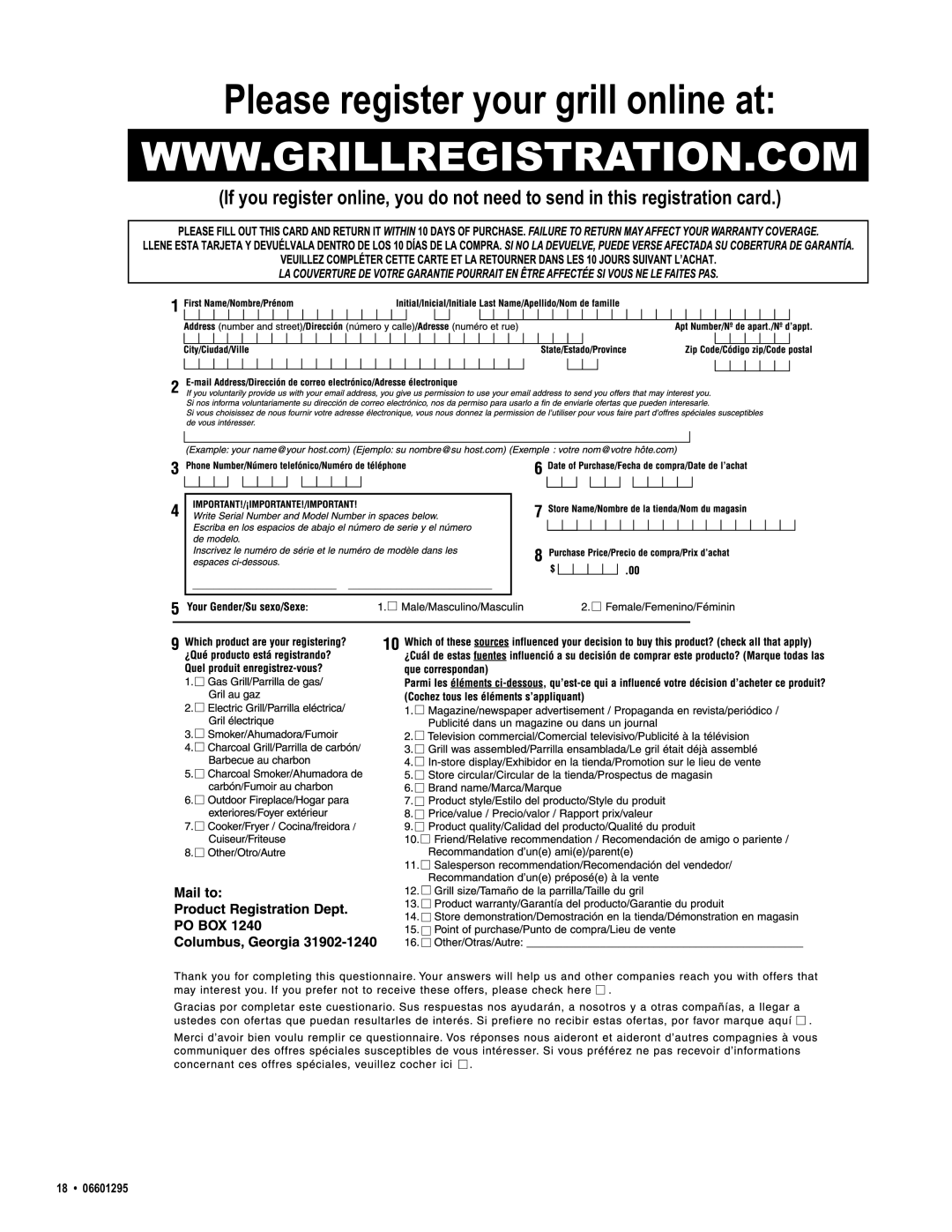 Char-Broil 06601295 manual Please register your grill online at 