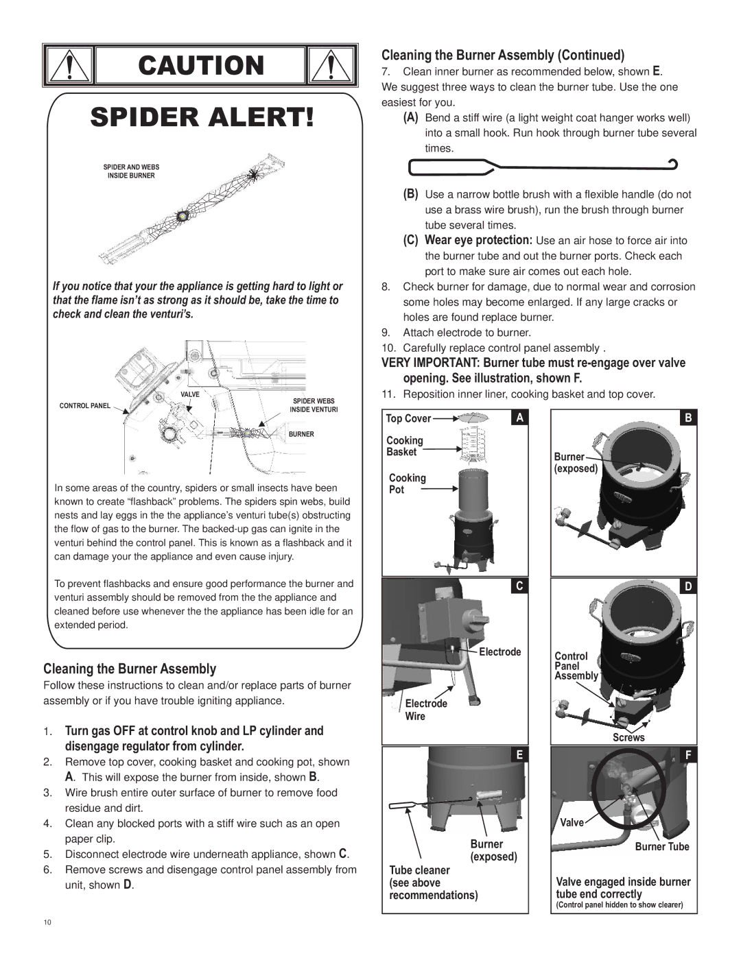 Char-Broil 10101480 manual Spider Alert, Cleaning the Burner Assembly 