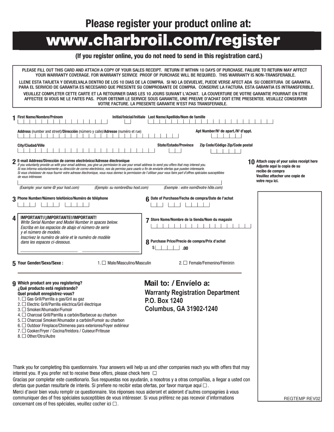 Char-Broil 10101480 manual Warranty Registration Department Box Columbus, GA 