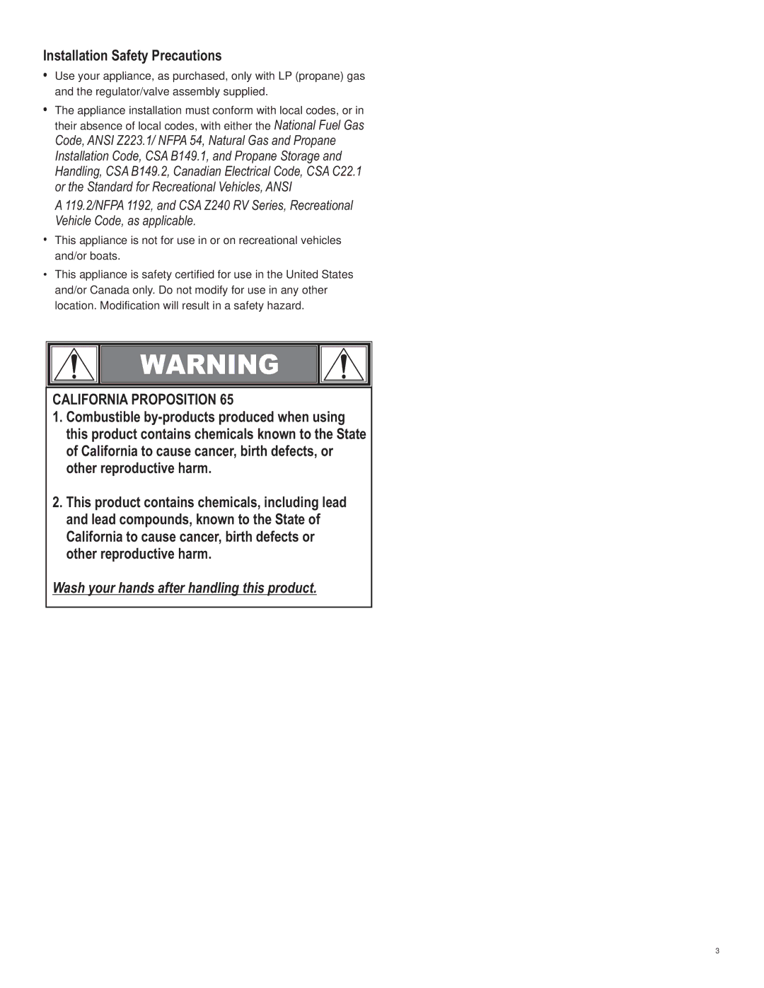 Char-Broil 10101480 manual Installation Safety Precautions, California Proposition 