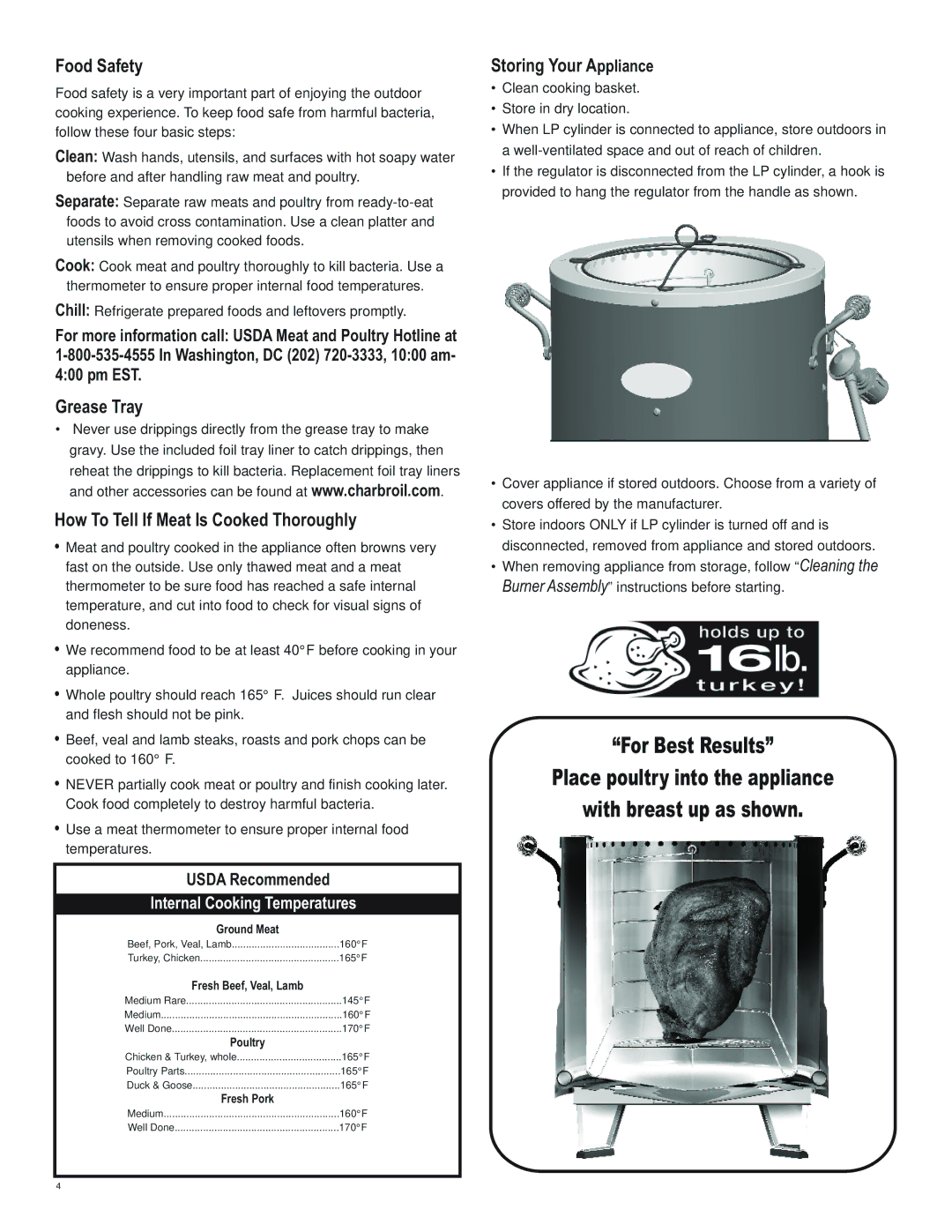 Char-Broil 10101480 manual Food Safety, Grease Tray How To Tell If Meat Is Cooked Thoroughly, Storing Your Appliance 