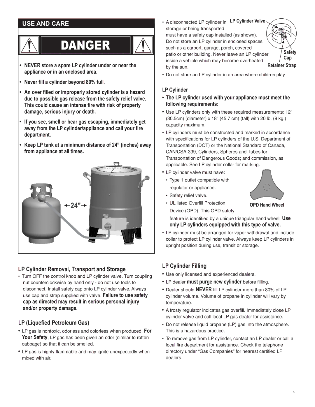 Char-Broil 10101480 manual USE and Care, LP Cylinder Removal, Transport and Storage, LP Liquefied Petroleum Gas 