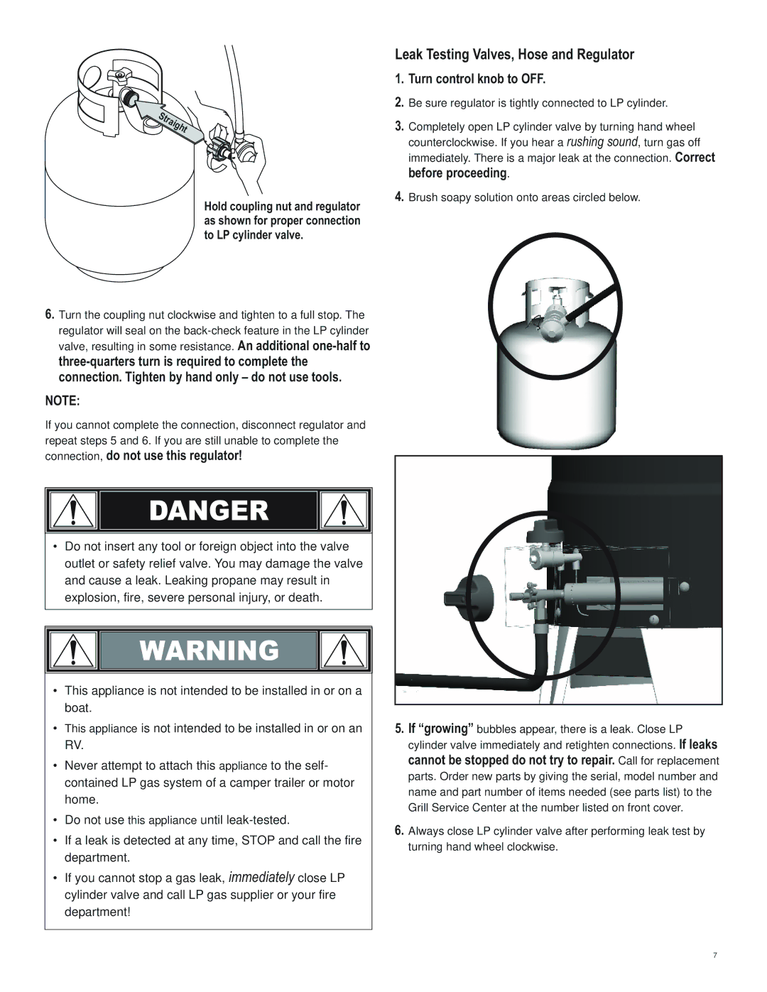 Char-Broil 10101480 manual Leak Testing Valves, Hose and Regulator, Connection, do not use this regulator 