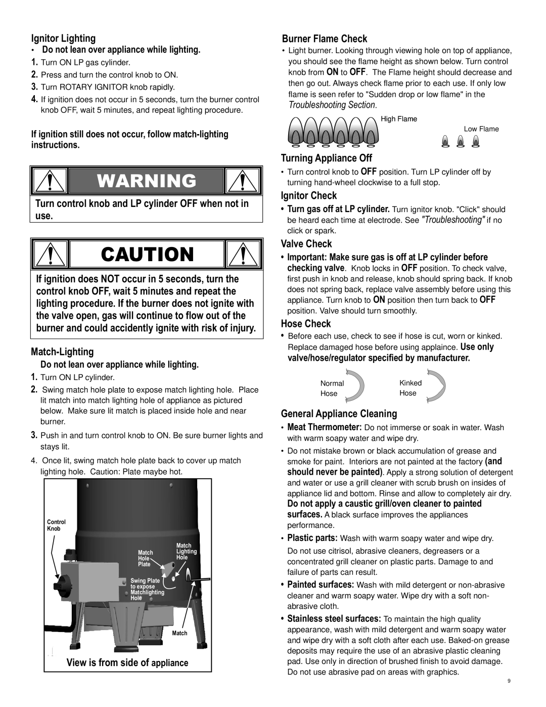 Char-Broil 10101480 Ignitor Lighting, View is from side of appliance Burner Flame Check, Turning Appliance Off, Hose Check 