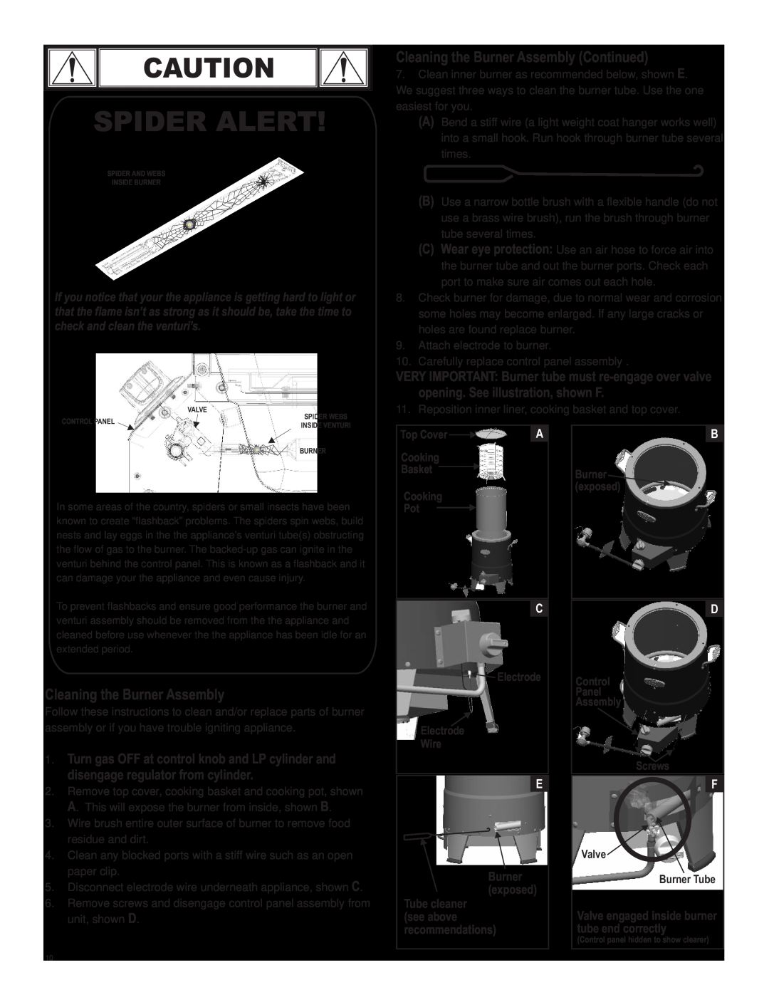 Char-Broil 10101480 manual Spider Alert, Cleaning the Burner Assembly Continued 