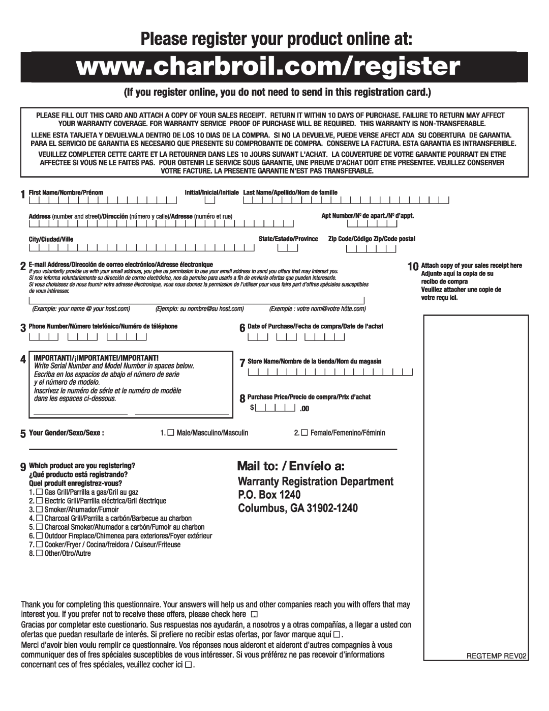Char-Broil 10101480 manual Warranty Registration Department P.O. Box Columbus, GA, REGTEMP REV02 