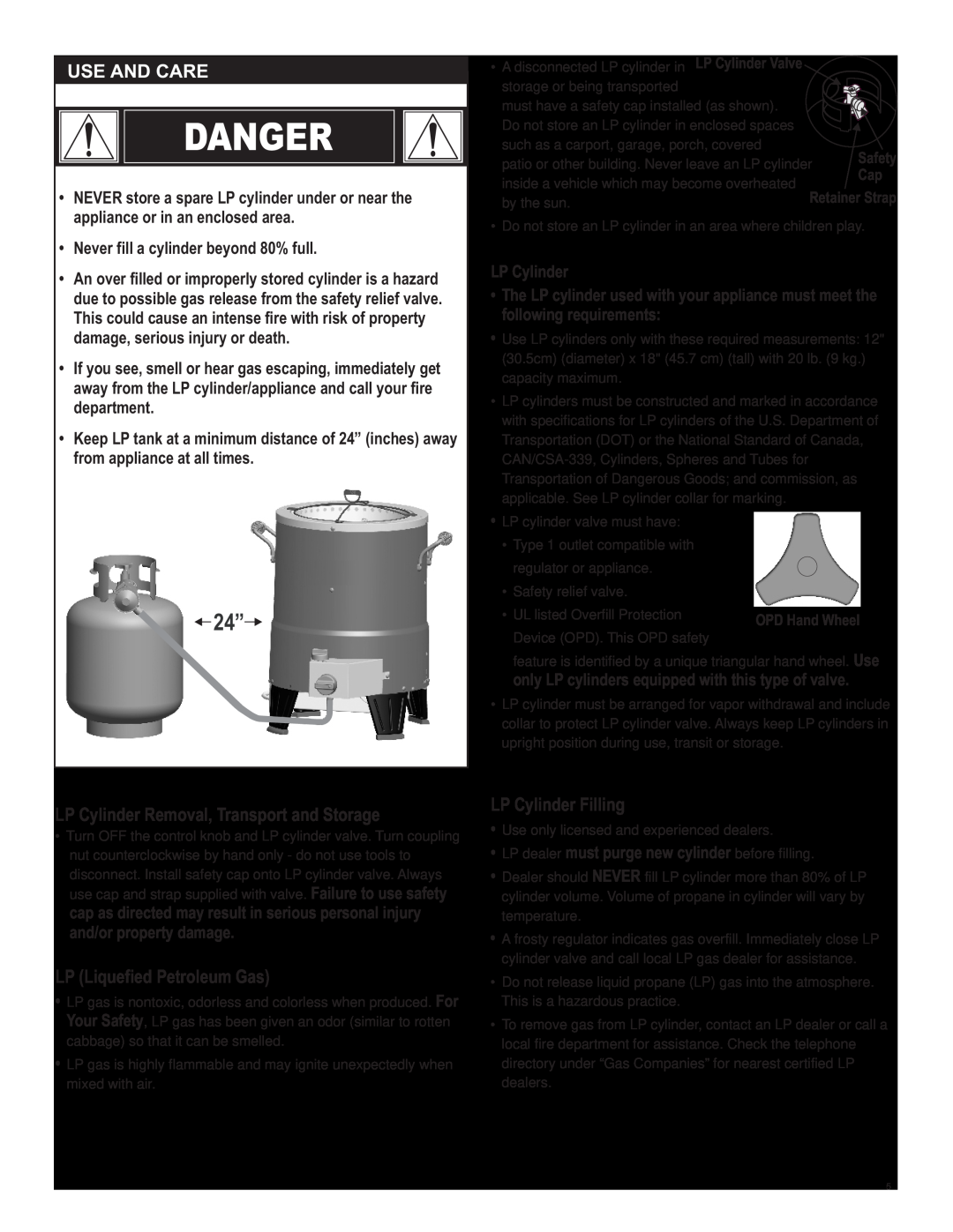 Char-Broil 10101480 manual Use And Care, Danger, Never fill a cylinder beyond 80% full, LP Cylinder 