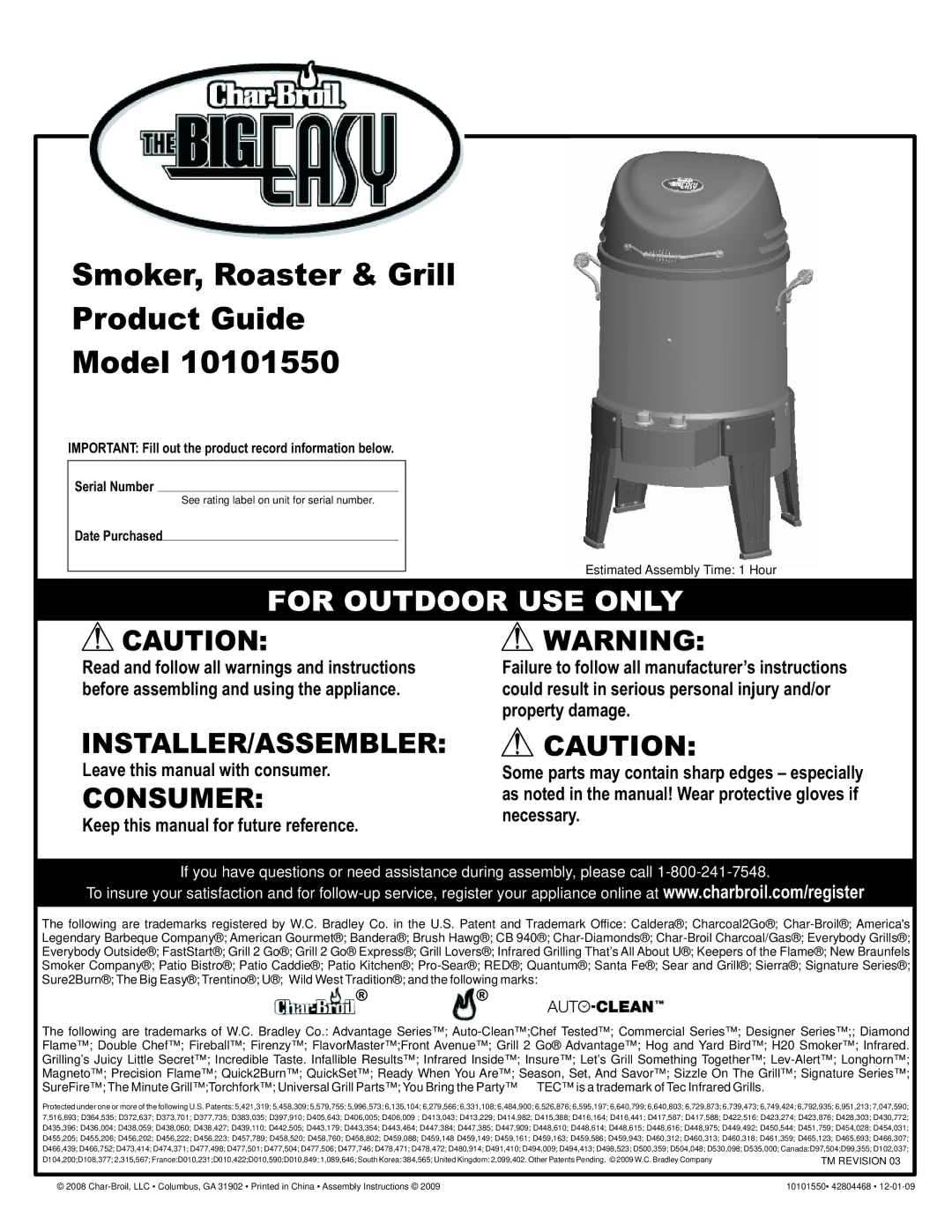 Char-Broil 42804468, 10101550 manual Smoker, Roaster & Grill Product Guide Model, Leave this manual with consumer 