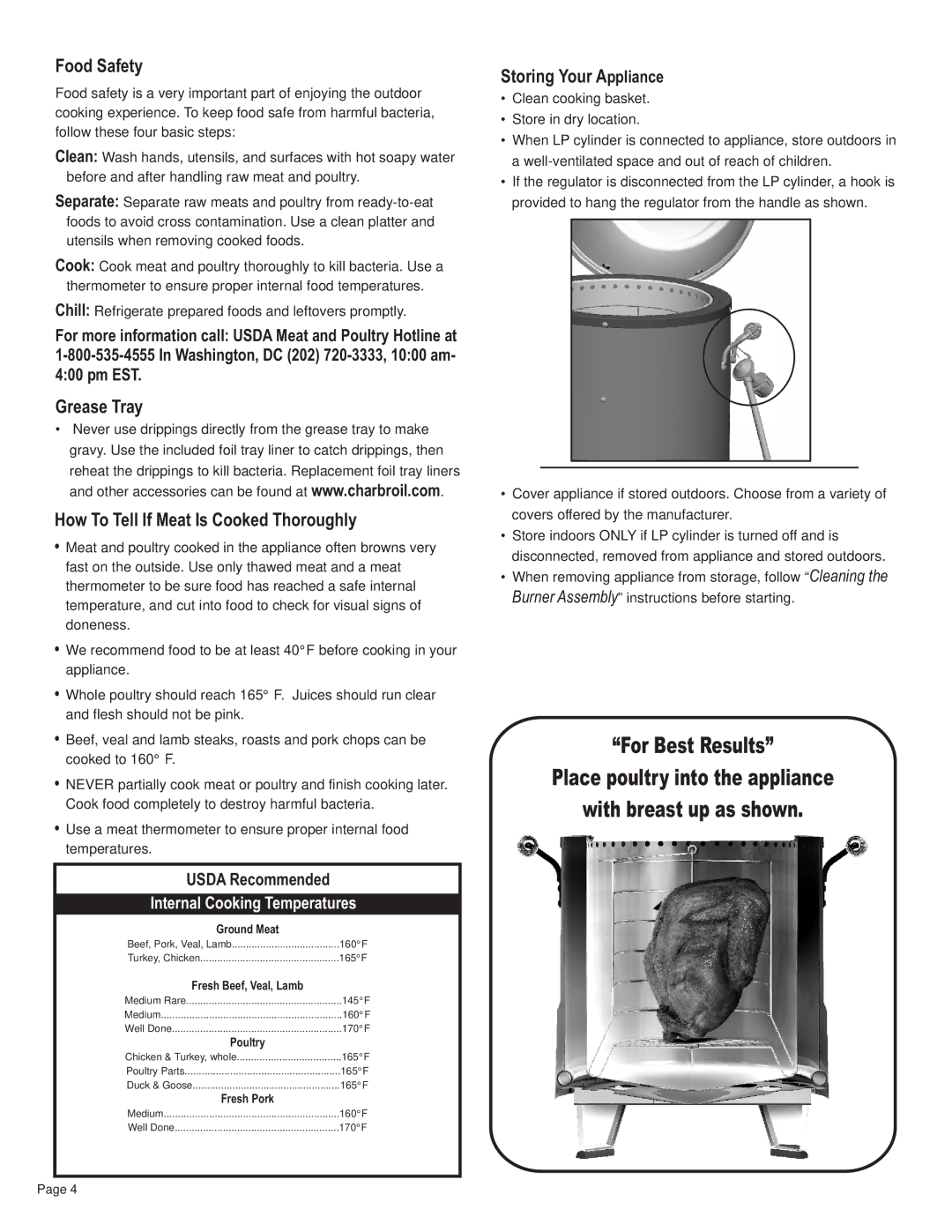 Char-Broil 10101550, 42804468 Food Safety, Grease Tray How To Tell If Meat Is Cooked Thoroughly, Storing Your Appliance 