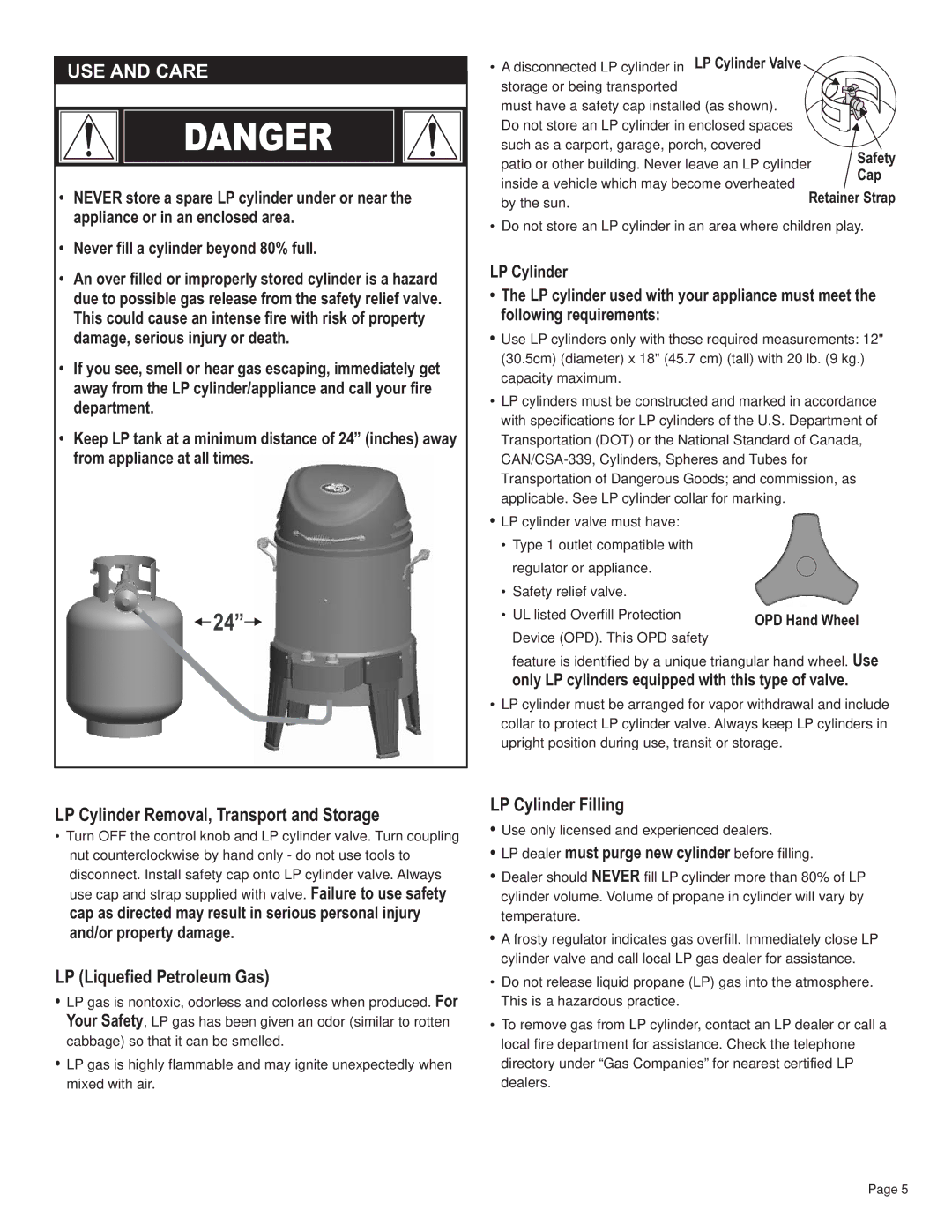 Char-Broil 42804468, 10101550 manual USE and Care, LP Cylinder Removal, Transport and Storage, LP Liquefied Petroleum Gas 