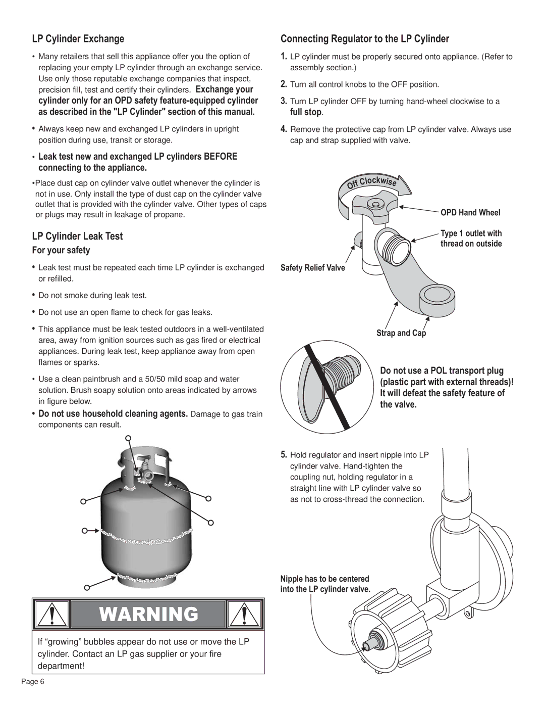 Char-Broil 10101550 LP Cylinder Exchange, LP Cylinder Leak Test, Connecting Regulator to the LP Cylinder, For your safety 