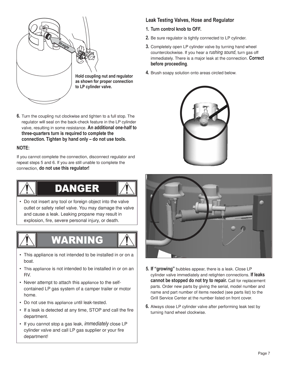 Char-Broil 42804468, 10101550 manual Leak Testing Valves, Hose and Regulator, Connection, do not use this regulator 