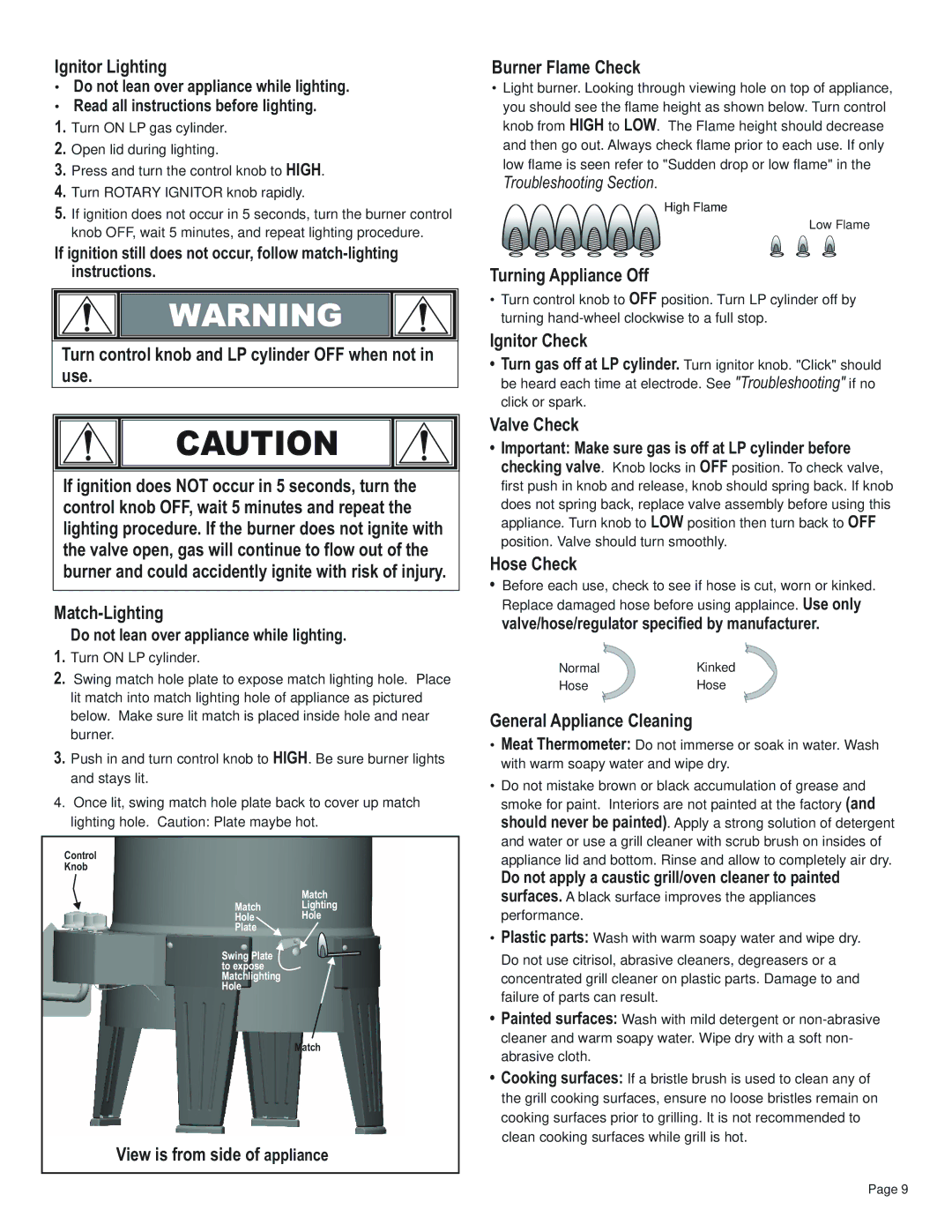 Char-Broil 42804468 Ignitor Lighting, View is from side of appliance Burner Flame Check, Turning Appliance Off, Hose Check 