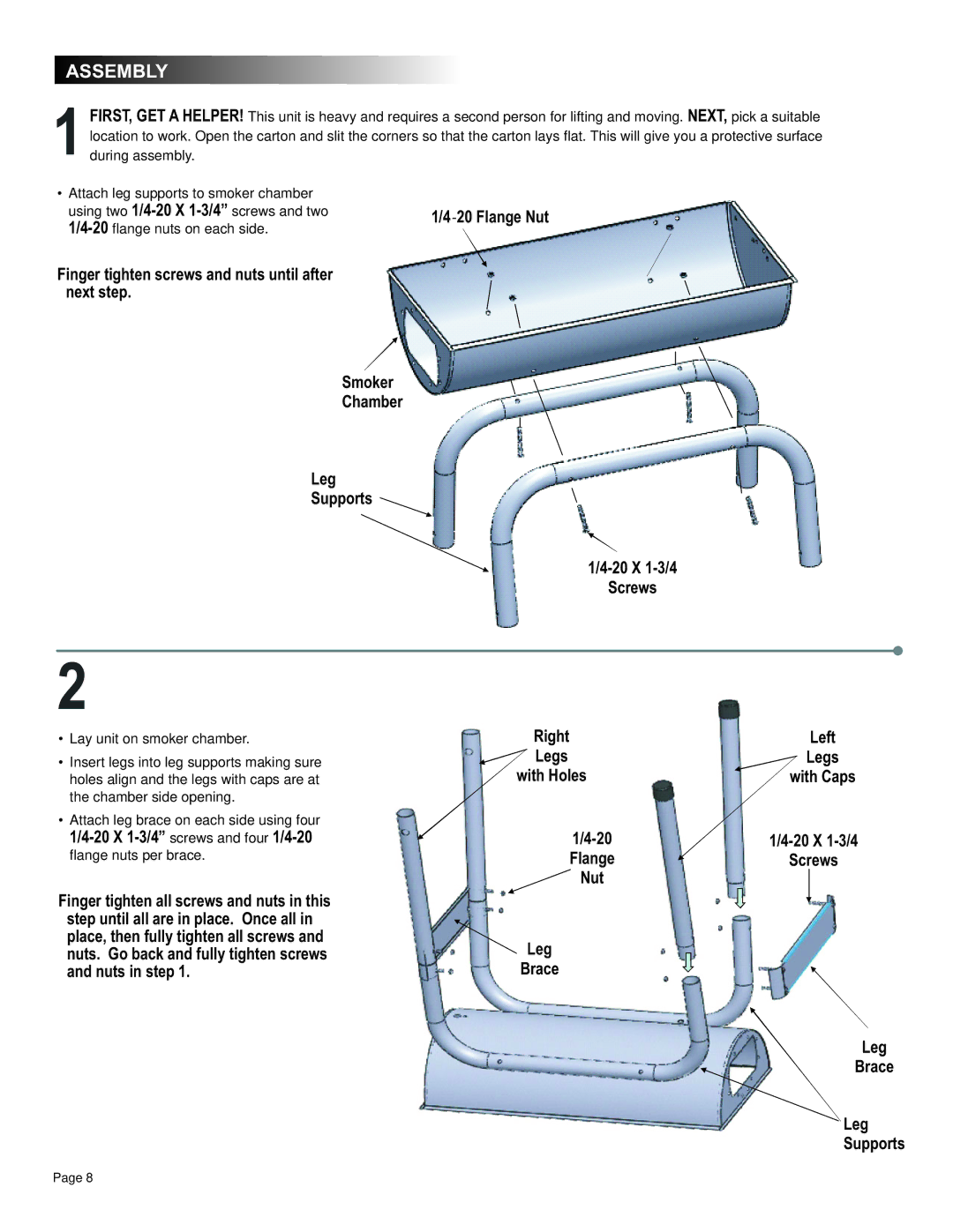 Char-Broil 10201595 manual Assembly, Leg Brace Supports 