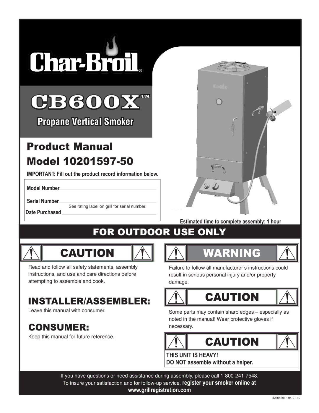 Char-Broil 10201597-50 manual Do not assemble without a helper, Date Purchased Estimated time to complete assembly 1 hour 