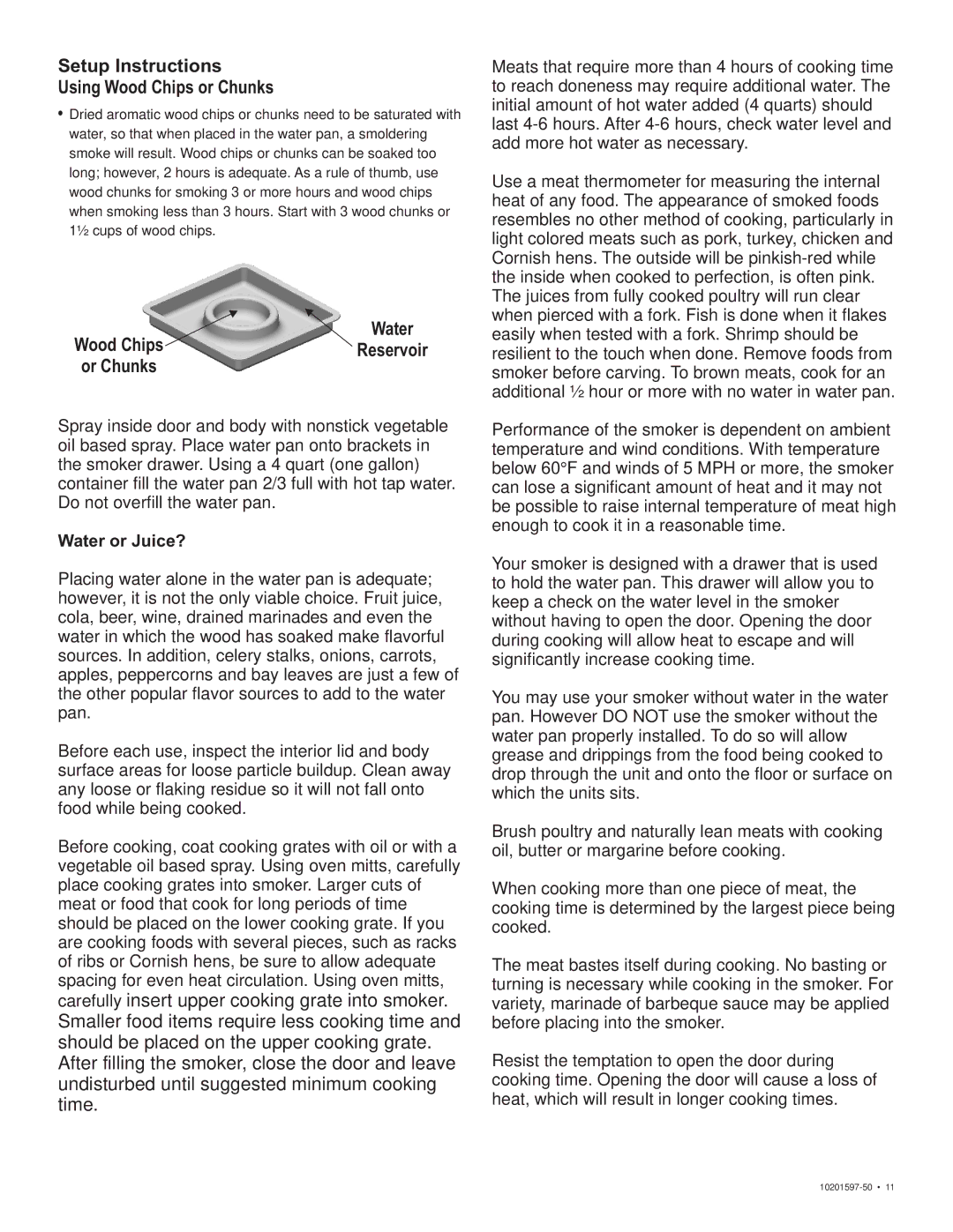 Char-Broil 10201597-50 manual Setup Instructions Using Wood Chips or Chunks, Wood Chips Water Reservoir Or Chunks 