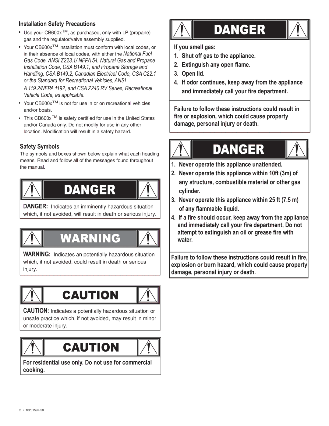 Char-Broil 10201597-50 manual Installation Safety Precautions, Cooking, For residential use only. Do not use for commercial 