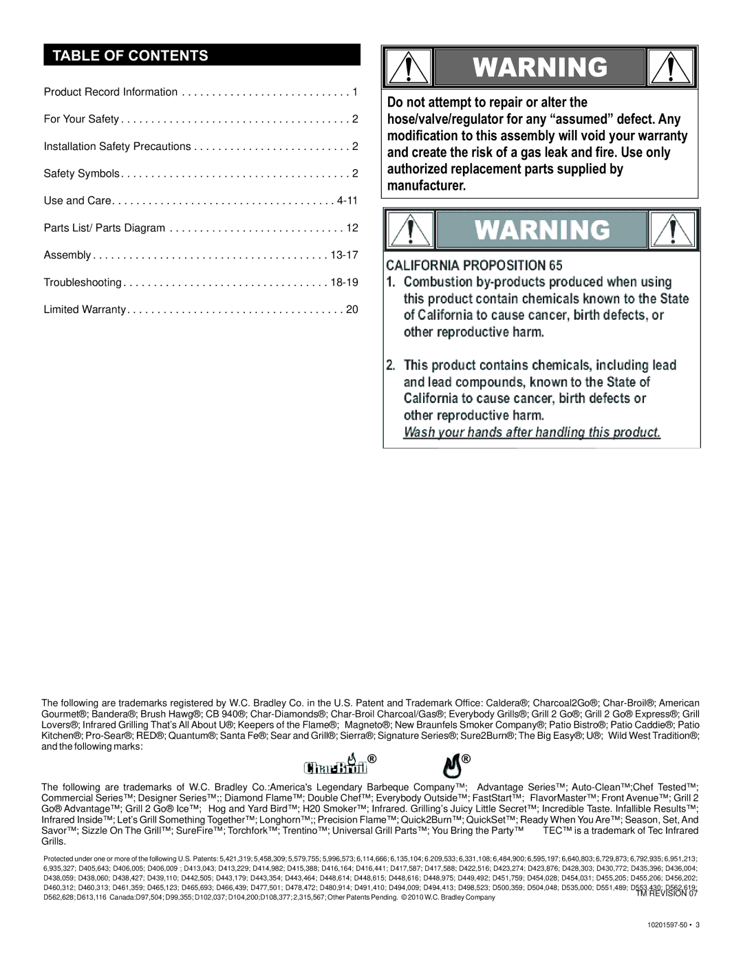 Char-Broil 10201597-50 manual Table of Contents 