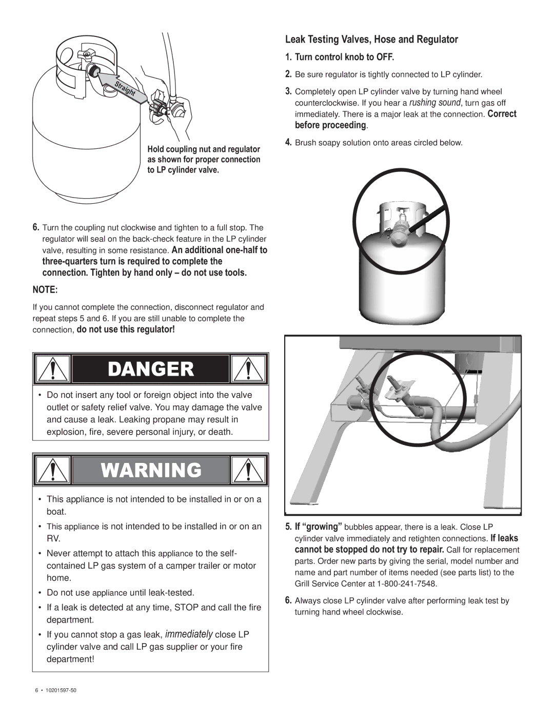 Char-Broil 10201597-50 manual Leak Testing Valves, Hose and Regulator, Connection, do not use this regulator 