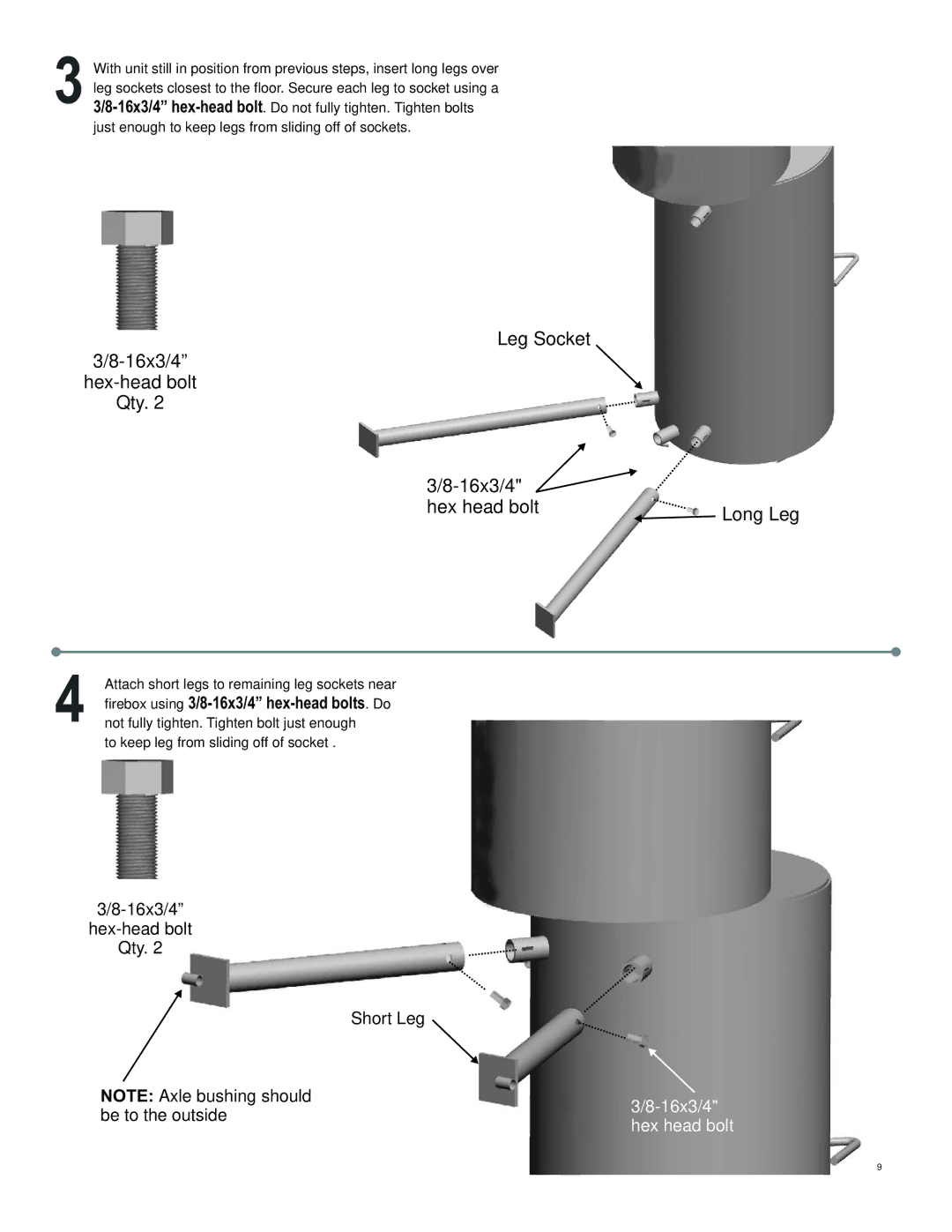 Char-Broil 10201600 manual Leg Socket 16x3/4 Hex-head bolt Qty Hex head bolt Long Leg, 16x3/4 hex head bolt 