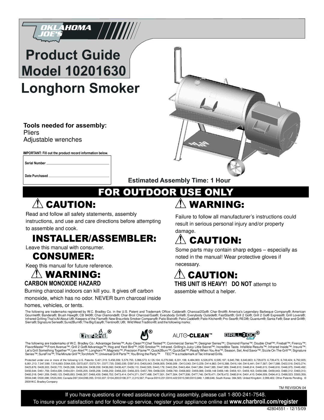 Char-Broil 10201630 manual Product Guide Model Longhorn Smoker, Carbon Monoxide Hazard 