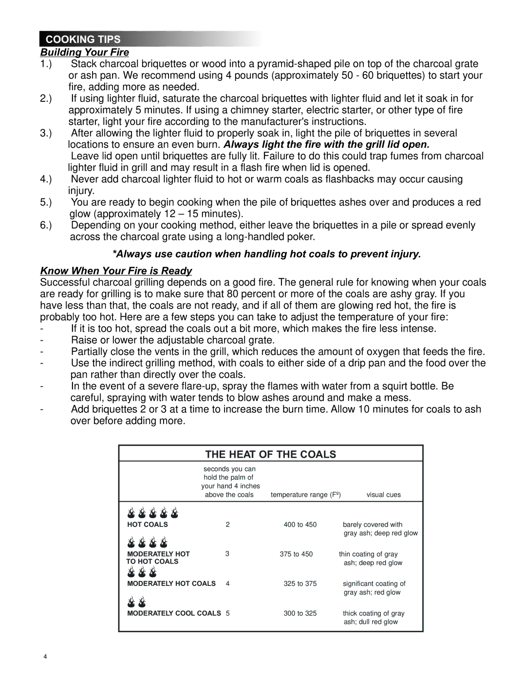 Char-Broil 10201630 manual Cooking Tips, Heat of the Coals 