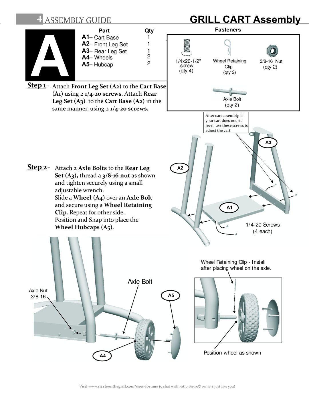 Char-Broil 10601610, 10601514-16, 10601578-16 Grill Cart Assembly, Same manner, using 2 1/4-20 screws, Part Qty Fasteners 